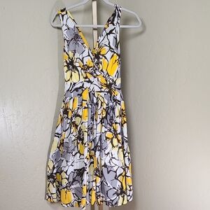 Aryeh Floral 100% Cotton Sleeveless Dress Small Yellow Gray White Lined